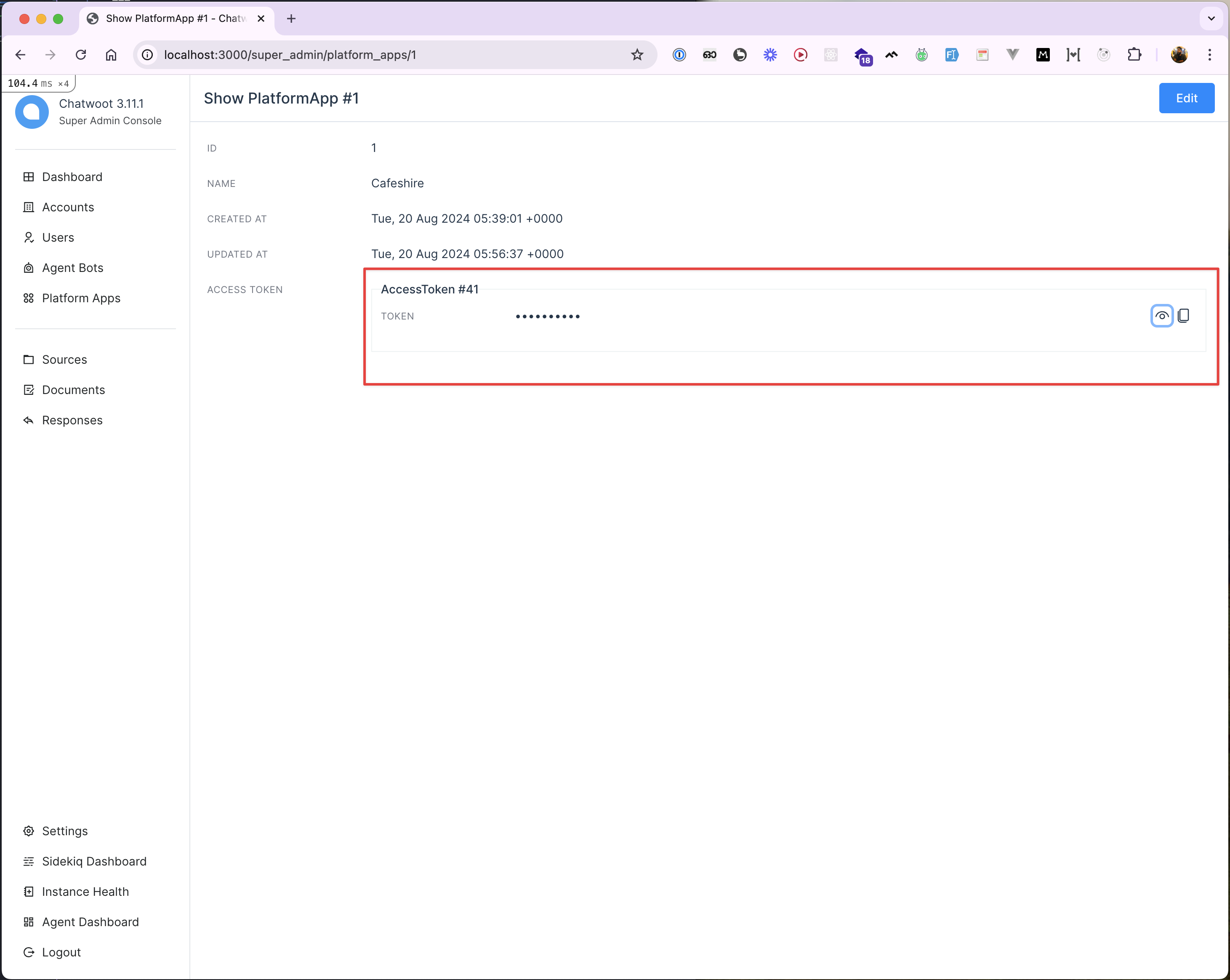 Token de acesso ao aplicativo da plataforma