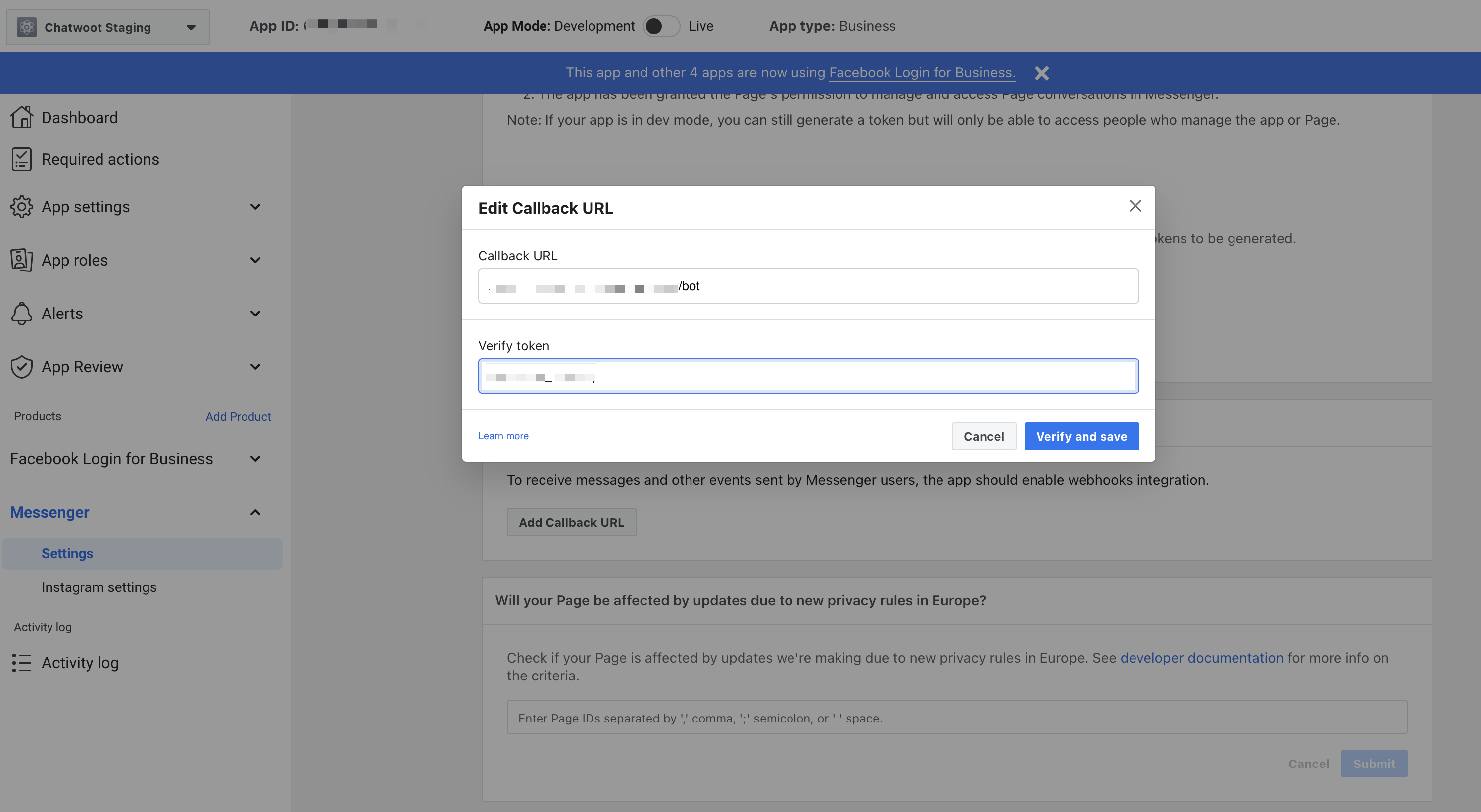 URL de retorno de chamada do Facebook