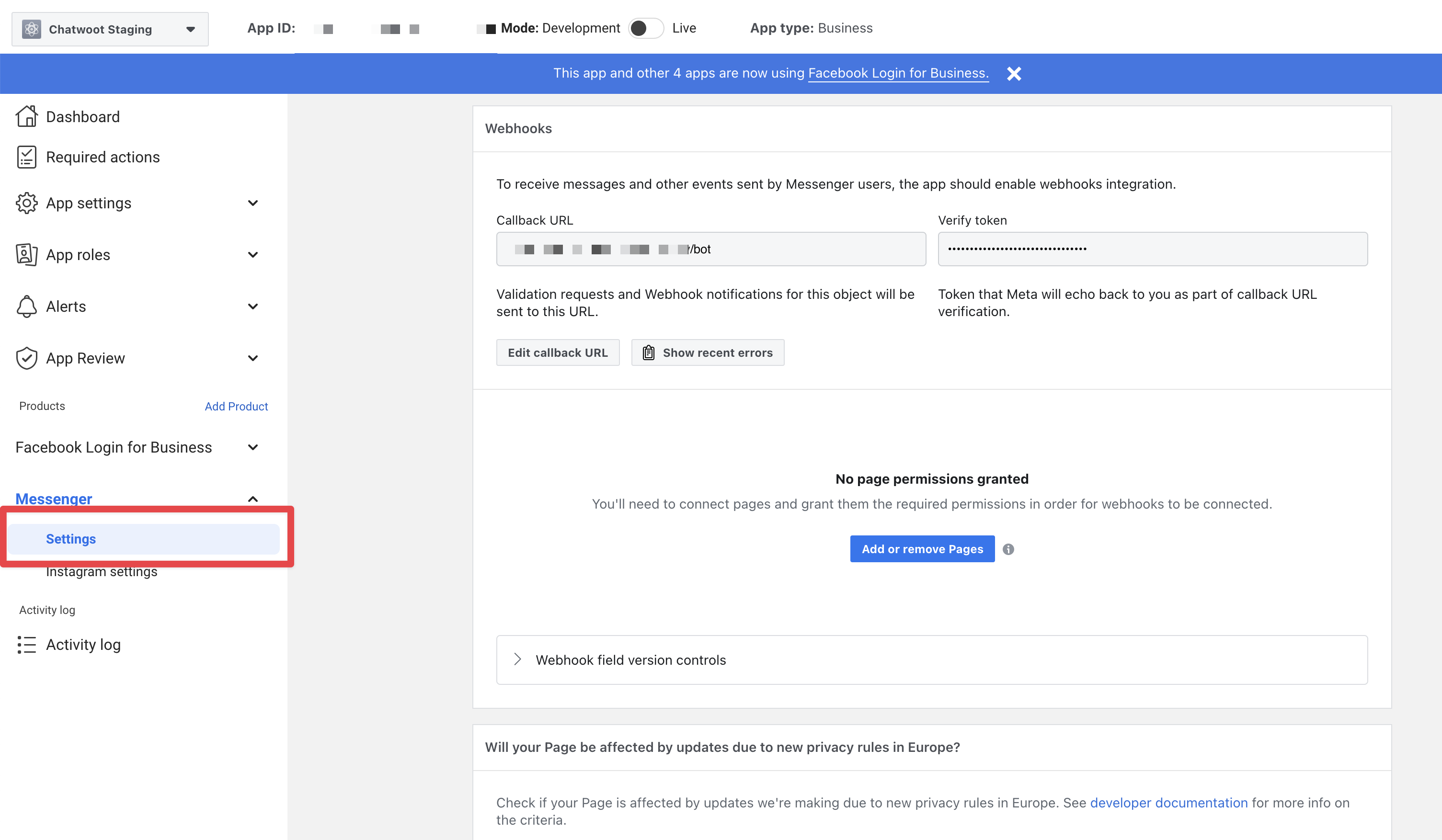 configurações do facebook_messenger